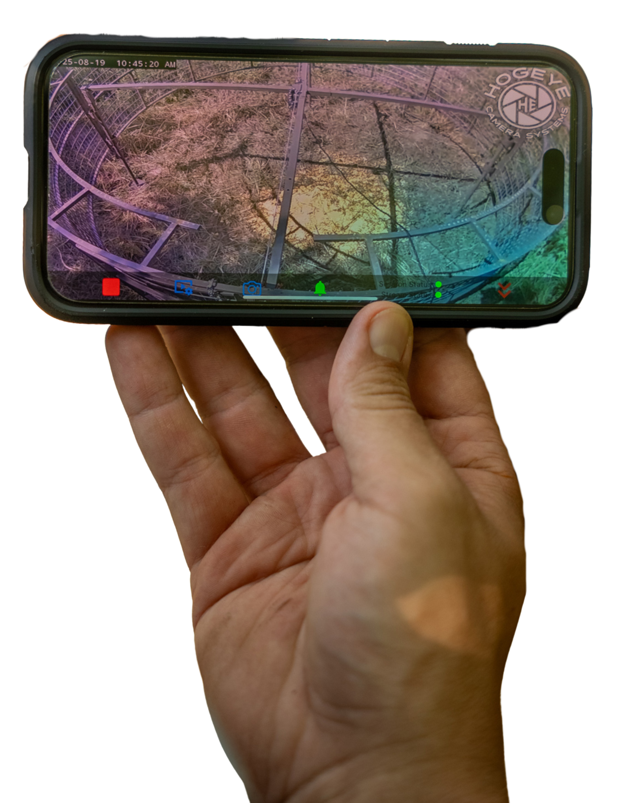 Hands holding a smartphone displaying a HogEye camera app map